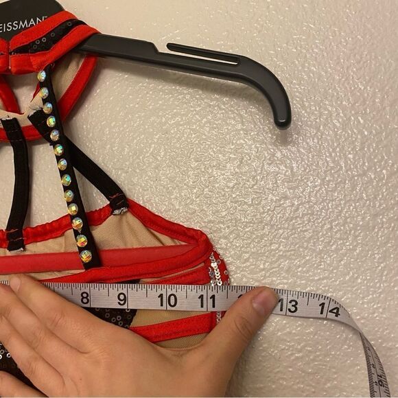 Glamour solo dance costume custom red mesh rhinestone embellished leotard MC - Picture 8 of 11